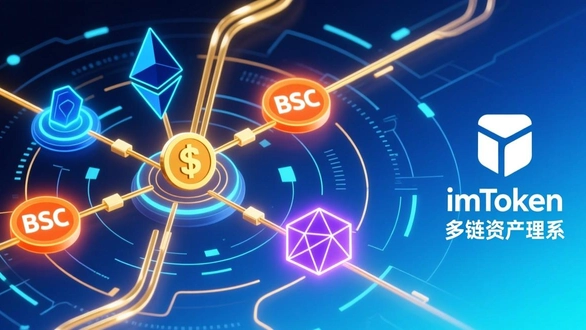 imToken 多链资产管理横幅，蓝紫科技风格，BTC ETH BSC 等币种图标环绕