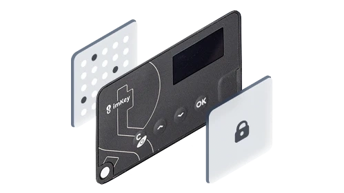 imKey Pro 设备配合手机 App，蓝色背景，ETH 等币种图标浮动