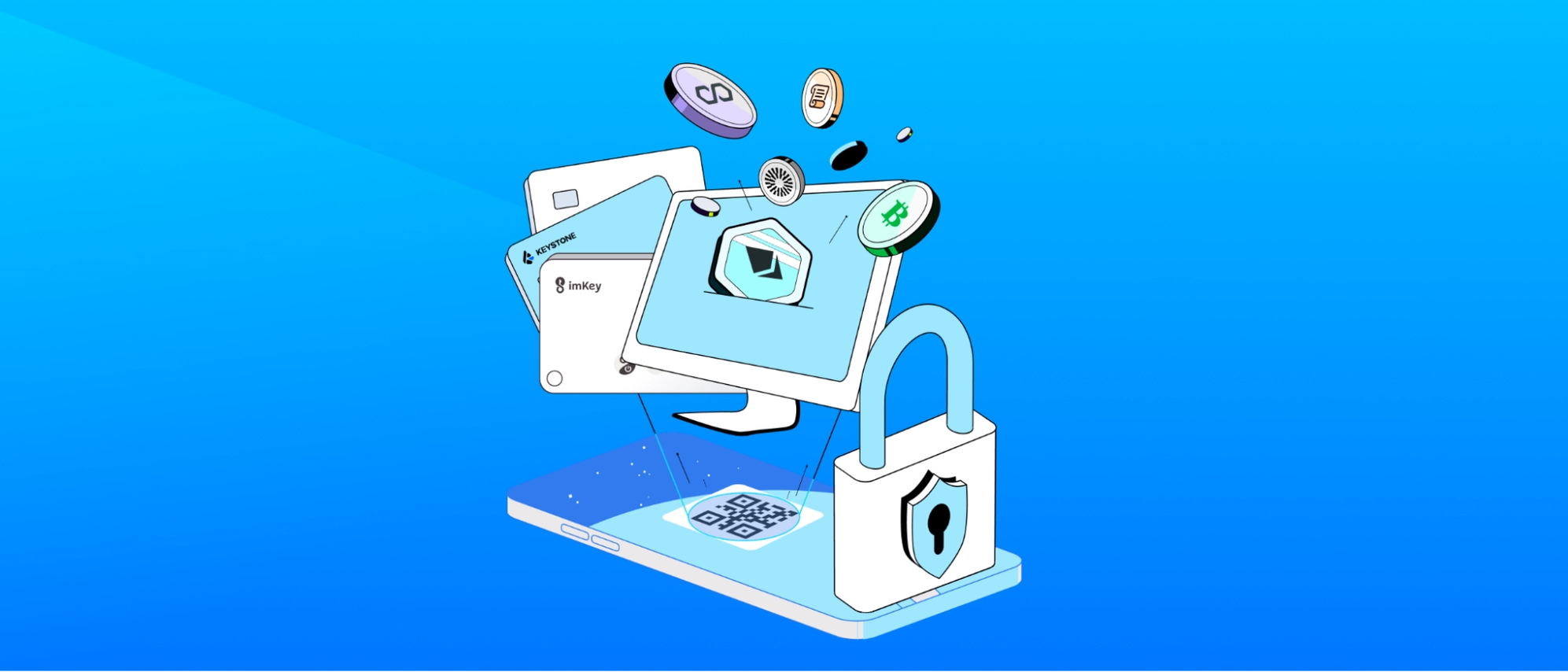imKey安全场景等轴插画 - 设备与安全锁ETH硬币保障体系示意